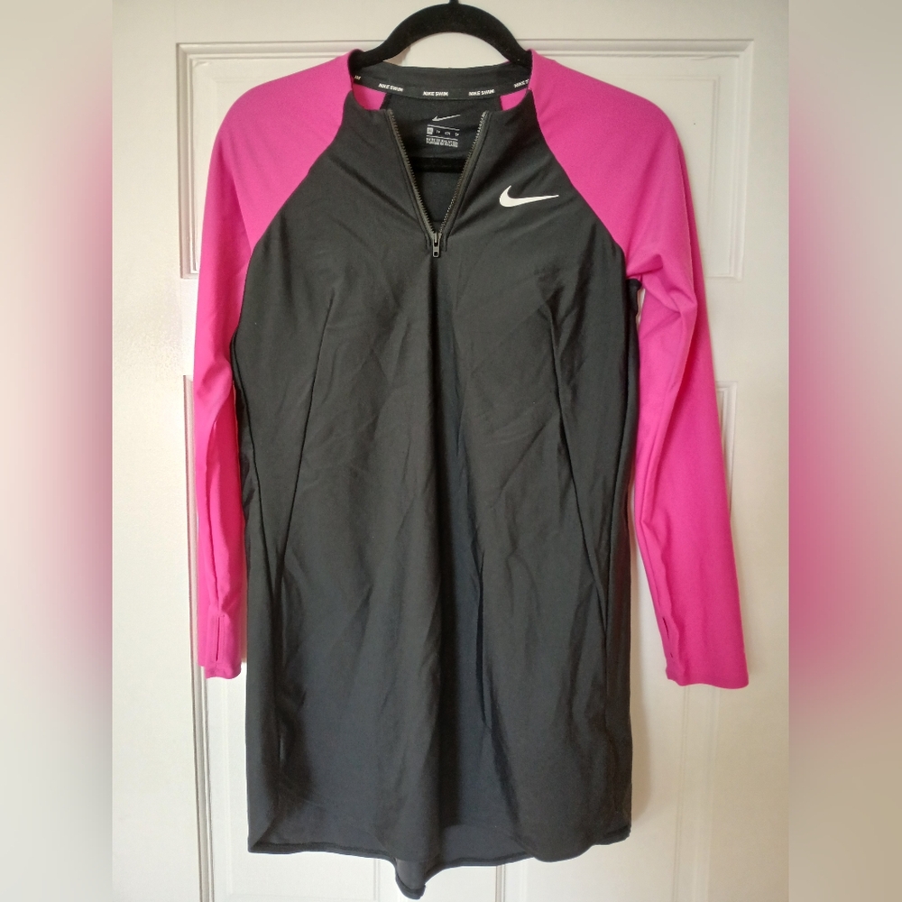 New-Nike Black/Pink Long Sleeve Front Short Zip  Spf40 Swim Tunic/Dress